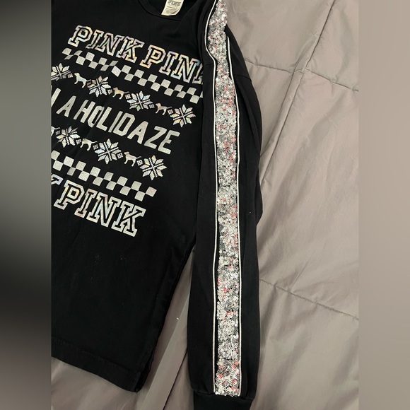 Victoria Secret PINK long sleeve XS black holiday shirt with silver sequins - Picture 4 of 4